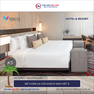 Bộ chăn ga gối khách sạn Việt Á Cotton T300 trắng trơn